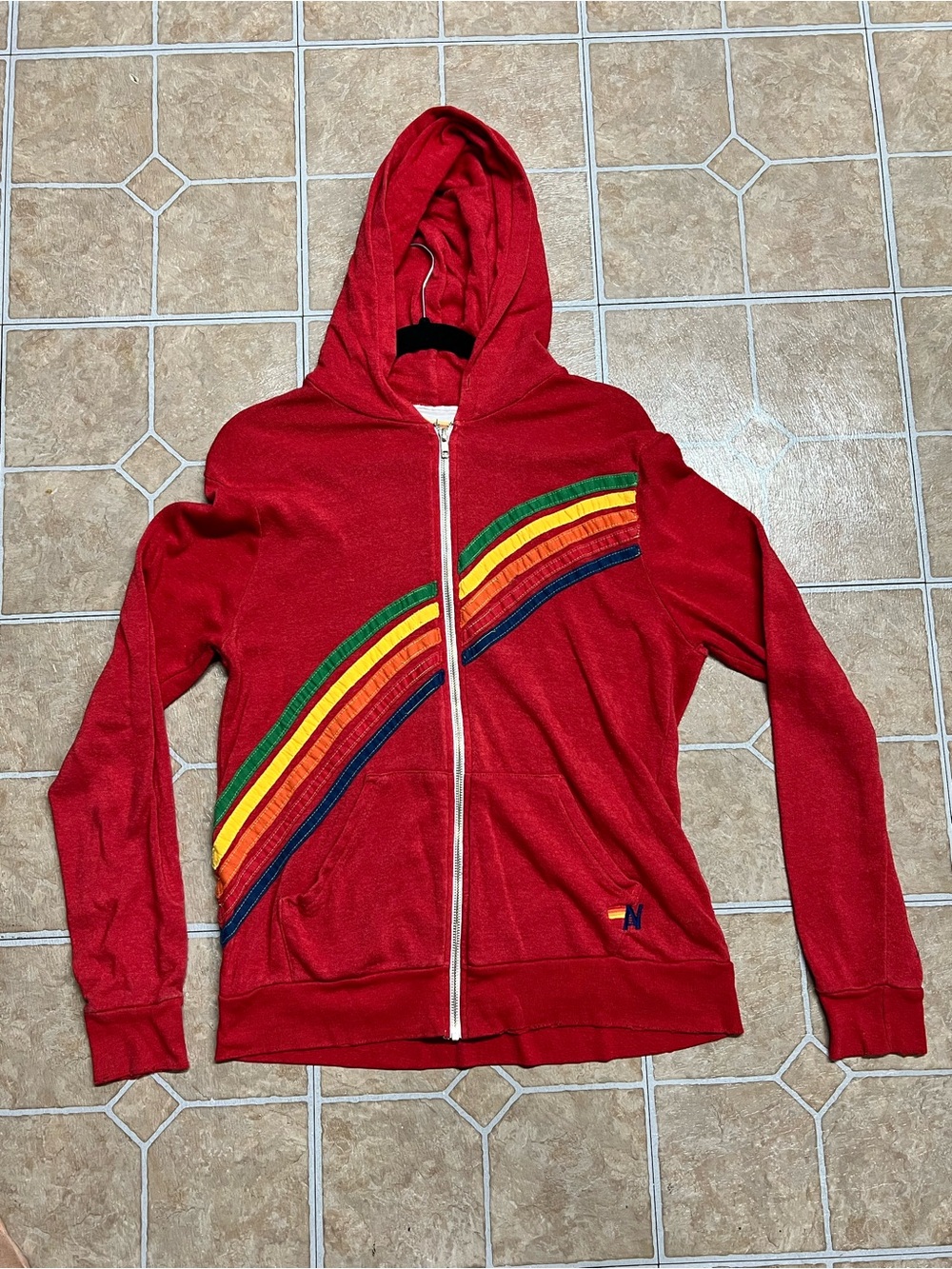 Aviator Nation Red Disco Zip-Up Unisex Hoodie with Rainbow Stripe- Size Large